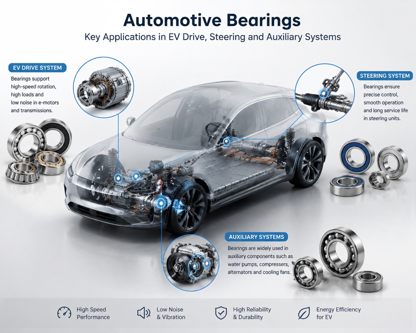 Roulements automobiles : applications clés dans les systèmes de transmission électrique, de direction et auxiliaires